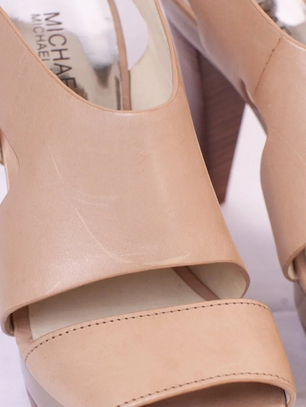Michael Kors Tan Leather Platform Peep Toe Ankle Strap Heels Size 7 Nude Beige